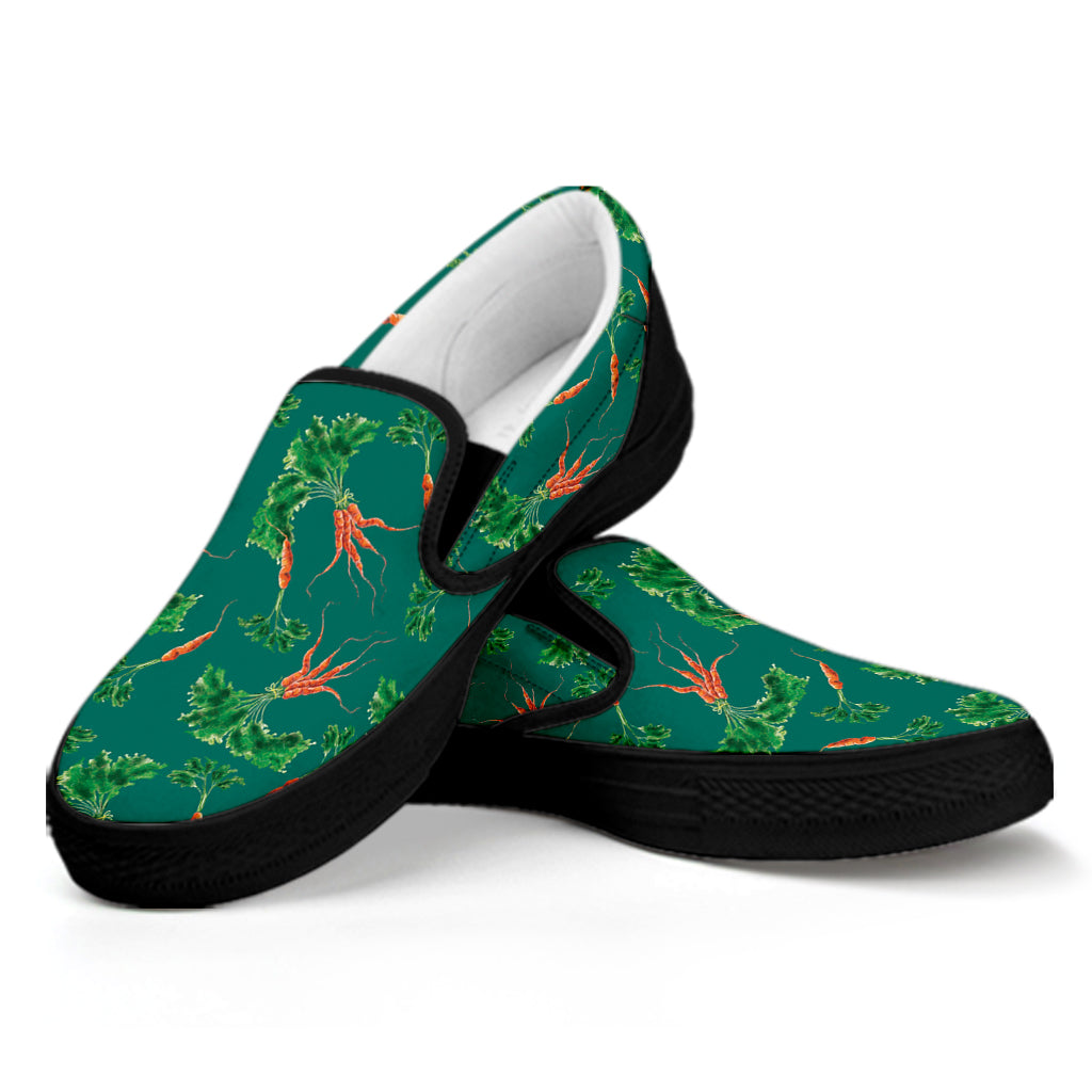 Watercolor Carrot Pattern Print Black Slip On Shoes