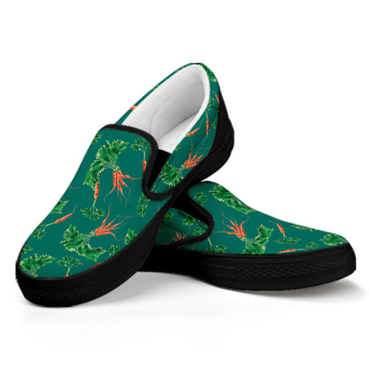 Watercolor Carrot Pattern Print Black Slip On Shoes