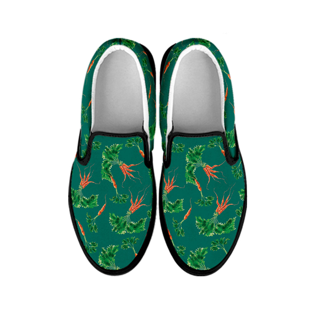 Watercolor Carrot Pattern Print Black Slip On Shoes