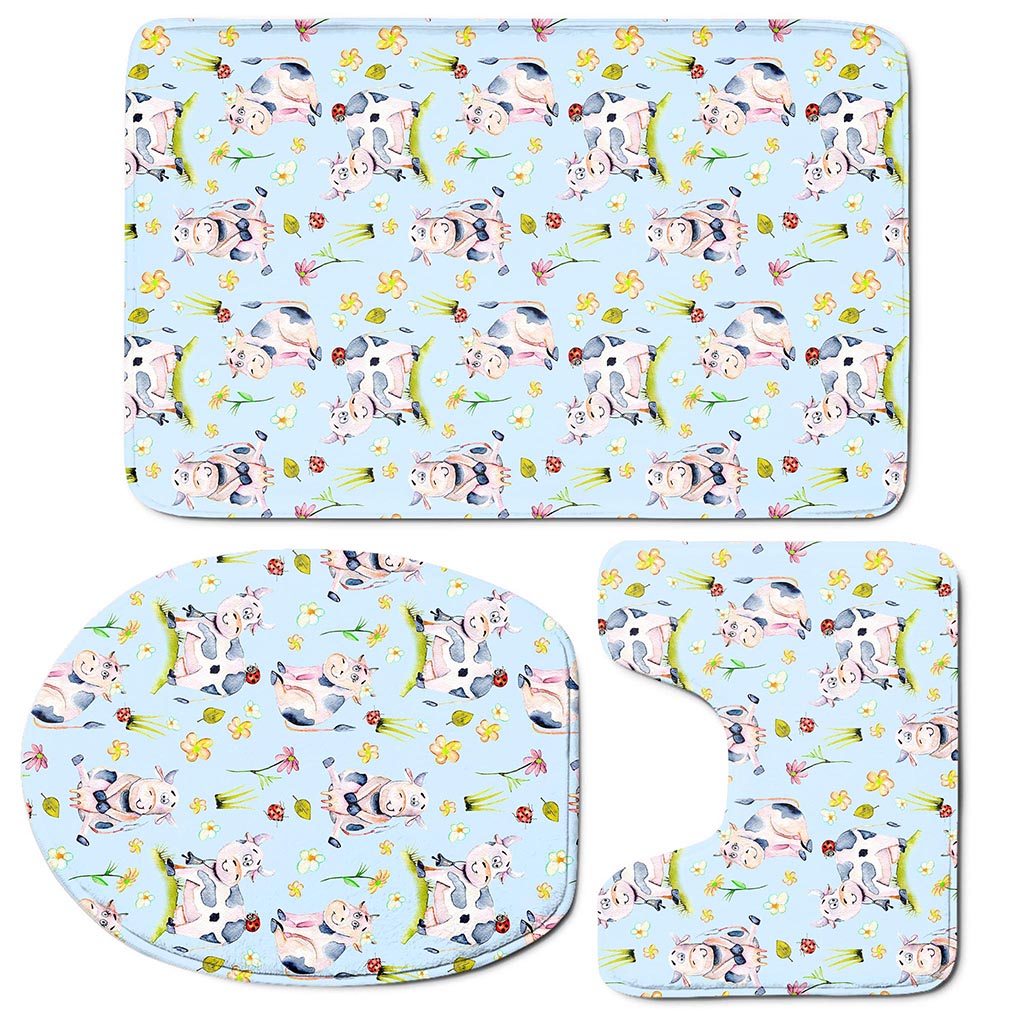 Watercolor Cartoon Cow Pattern Print 3 Piece Bath Mat Set