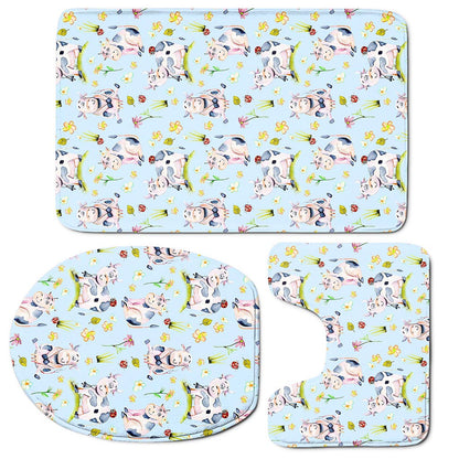 Watercolor Cartoon Cow Pattern Print 3 Piece Bath Mat Set