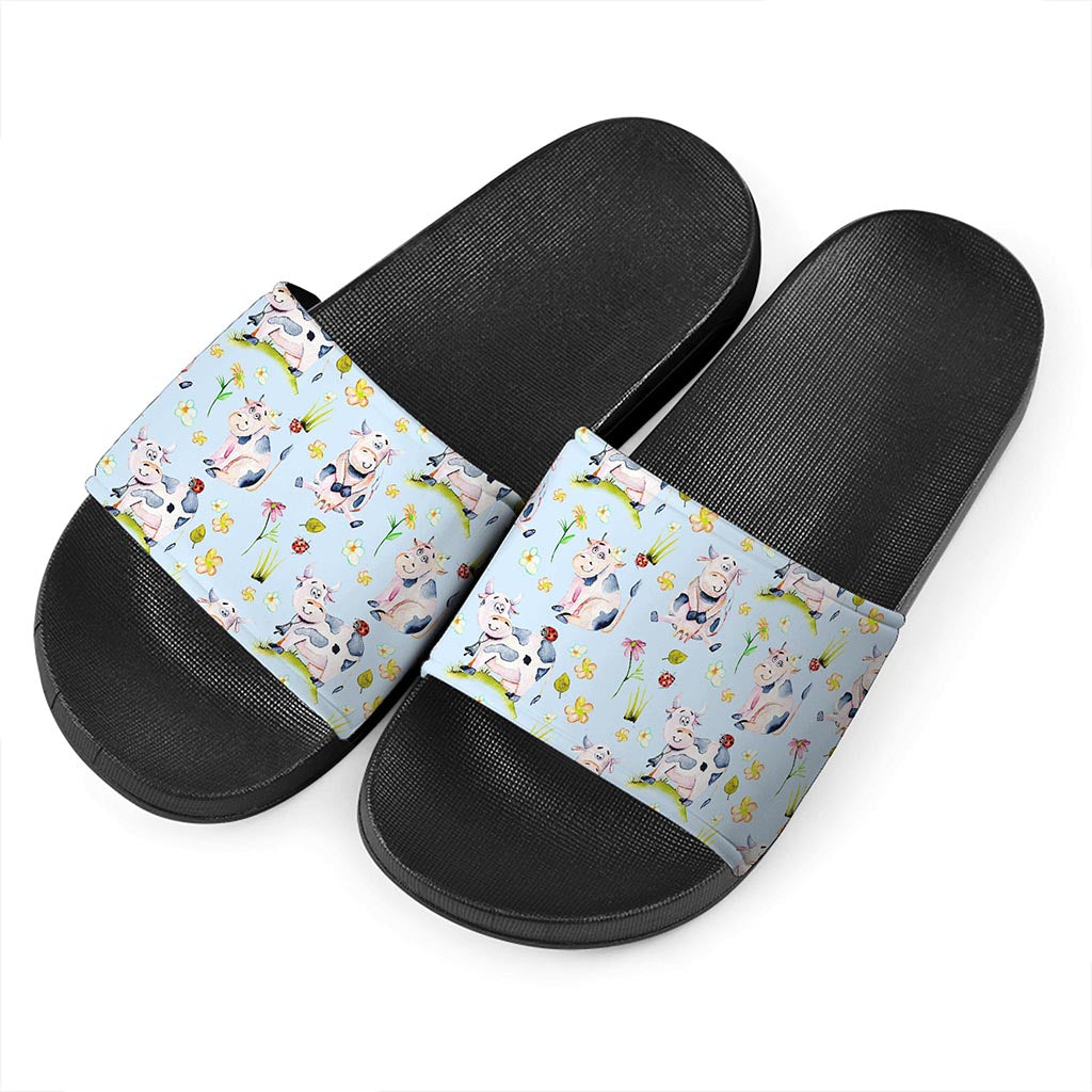 Watercolor Cartoon Cow Pattern Print Black Slide Sandals