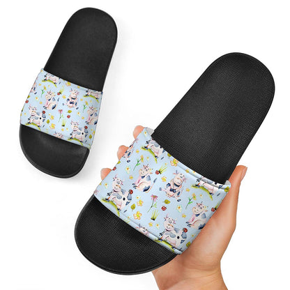 Watercolor Cartoon Cow Pattern Print Black Slide Sandals