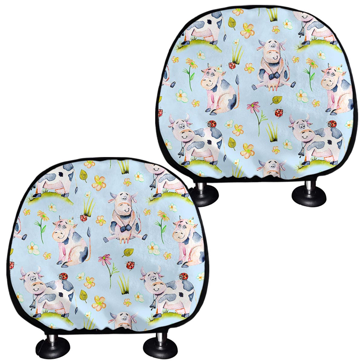 Watercolor Cartoon Cow Pattern Print Car Headrest Covers