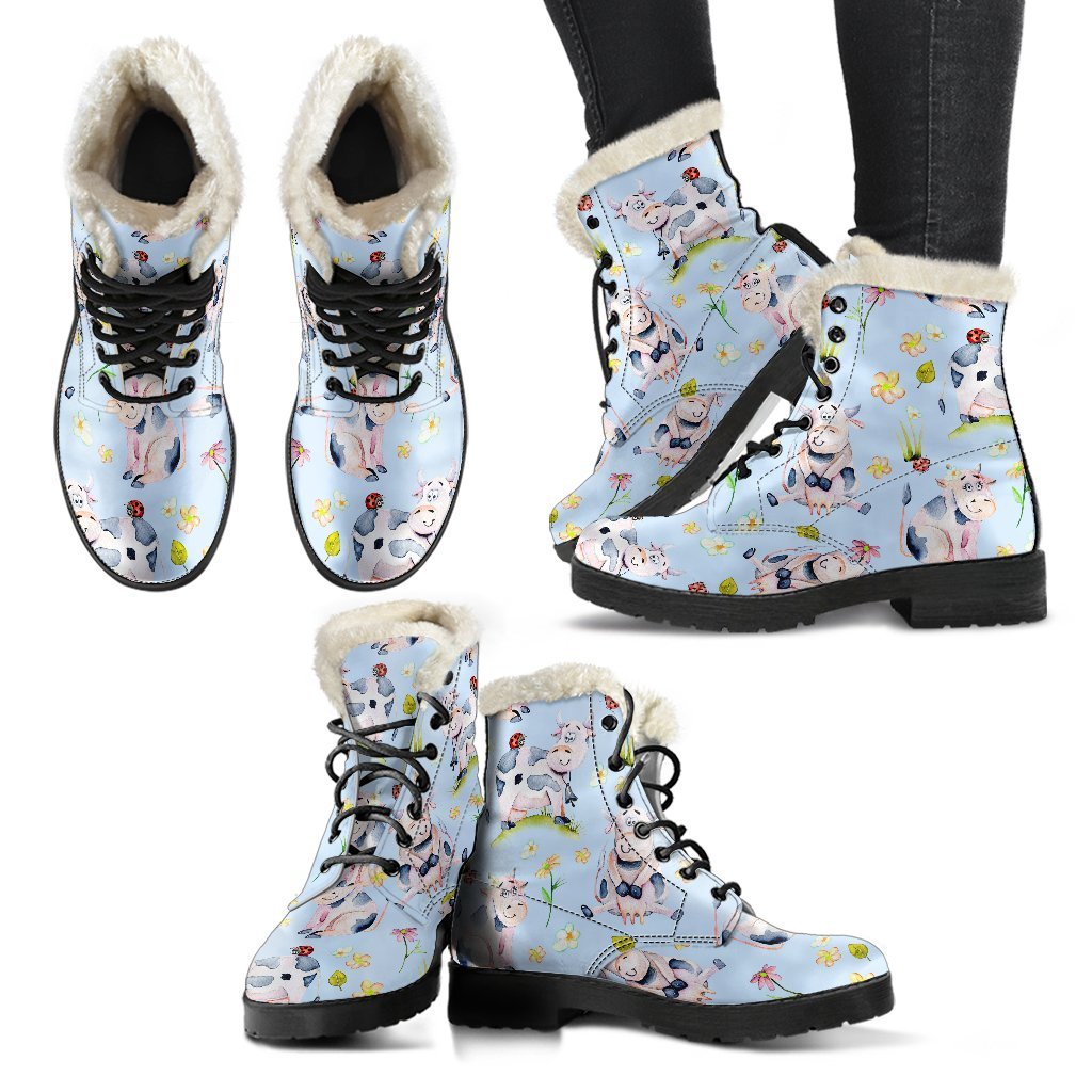 Watercolor Cartoon Cow Pattern Print Comfy Boots GearFrost