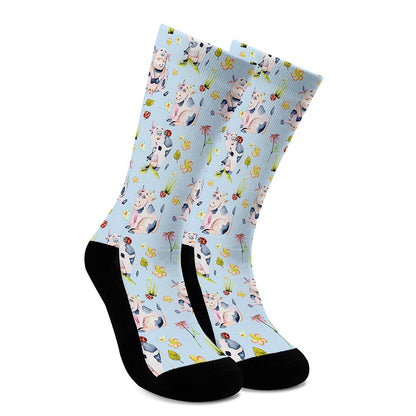 Watercolor Cartoon Cow Pattern Print Crew Socks