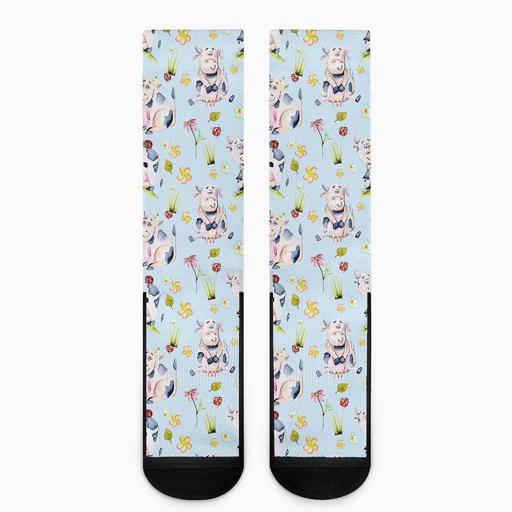 Watercolor Cartoon Cow Pattern Print Crew Socks