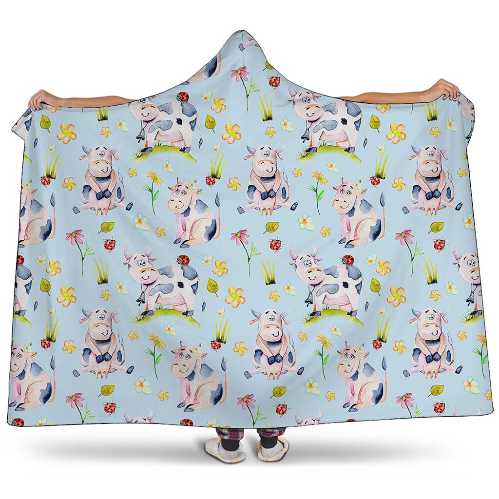 Watercolor Cartoon Cow Pattern Print Hooded Blanket