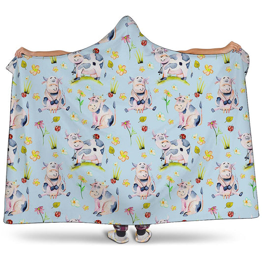 Watercolor Cartoon Cow Pattern Print Hooded Blanket