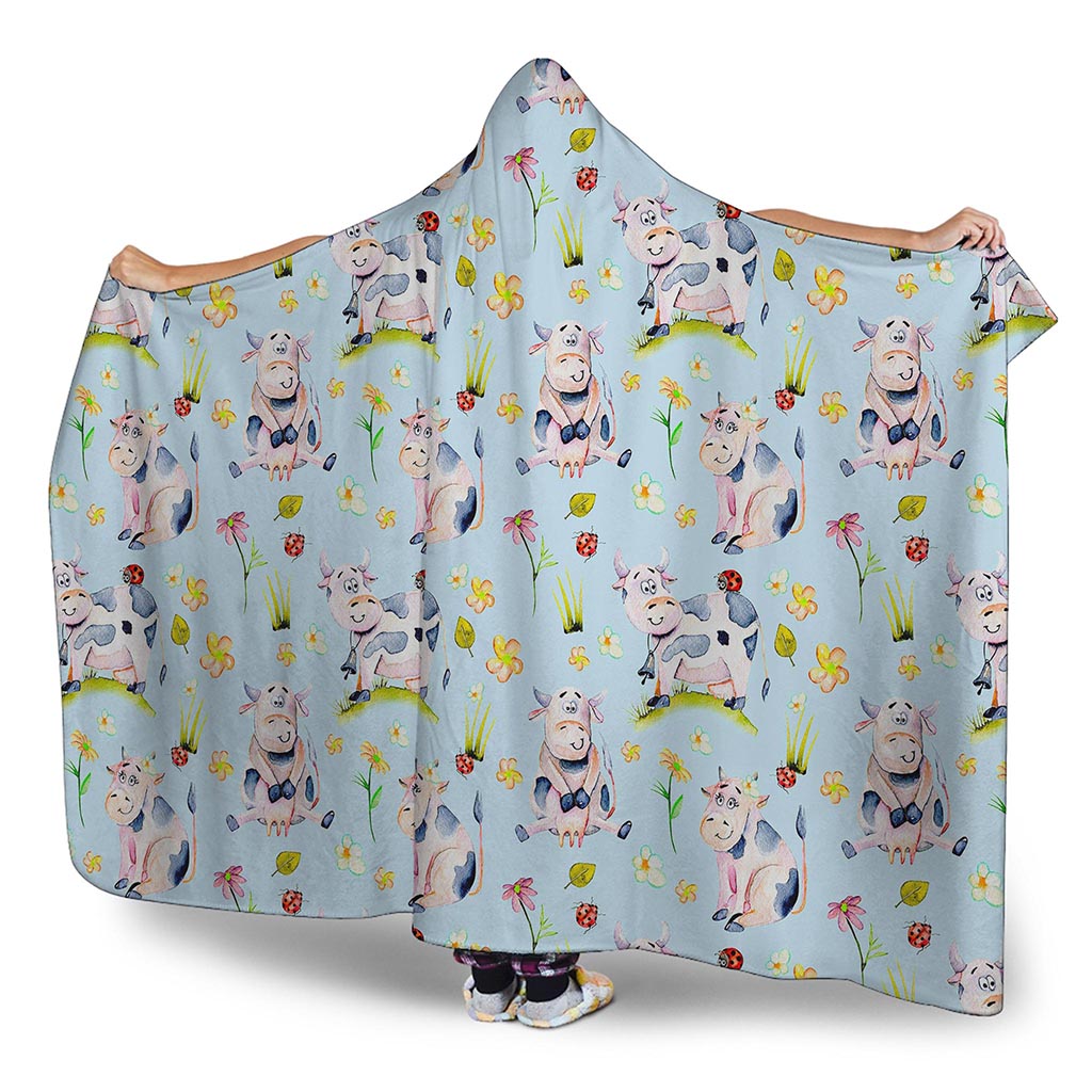 Watercolor Cartoon Cow Pattern Print Hooded Blanket