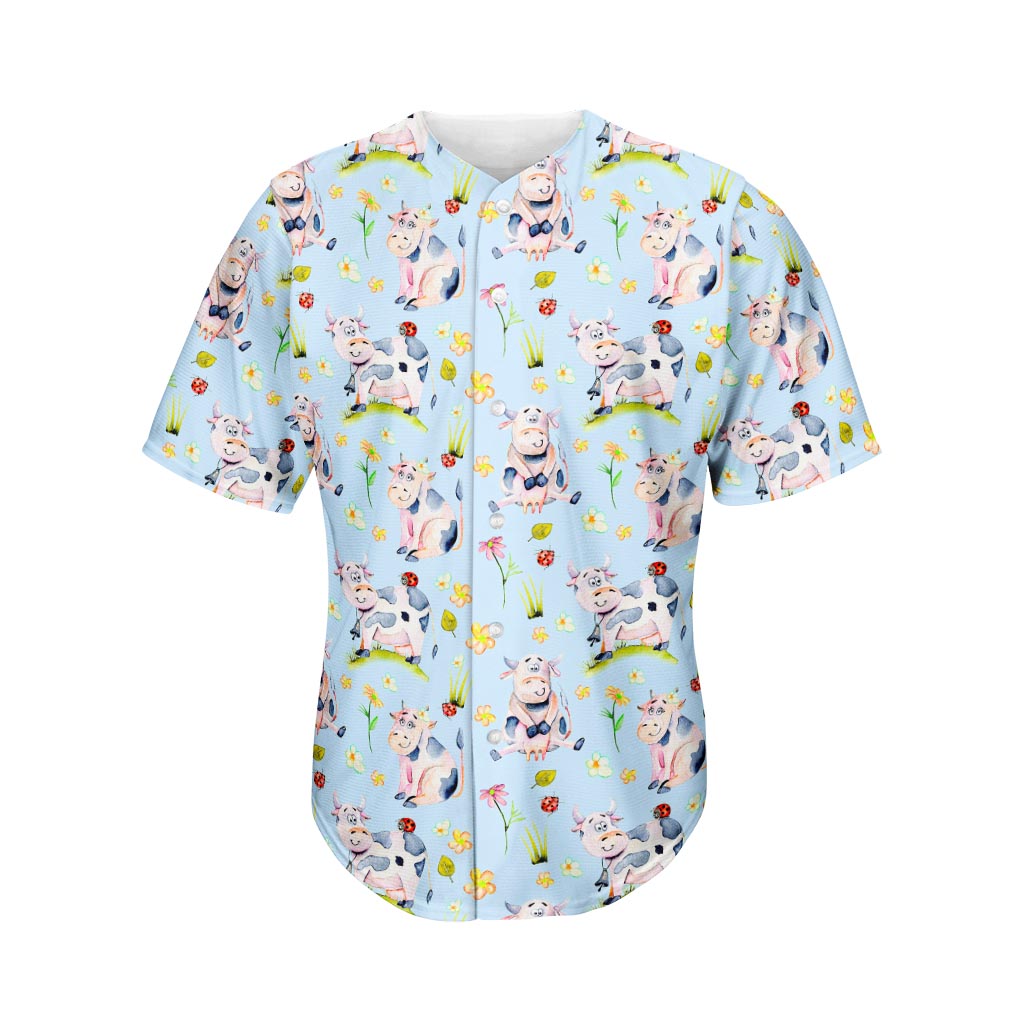 Watercolor Cartoon Cow Pattern Print Men's Baseball Jersey