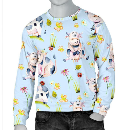 Watercolor Cartoon Cow Pattern Print Men's Crewneck Sweatshirt GearFrost