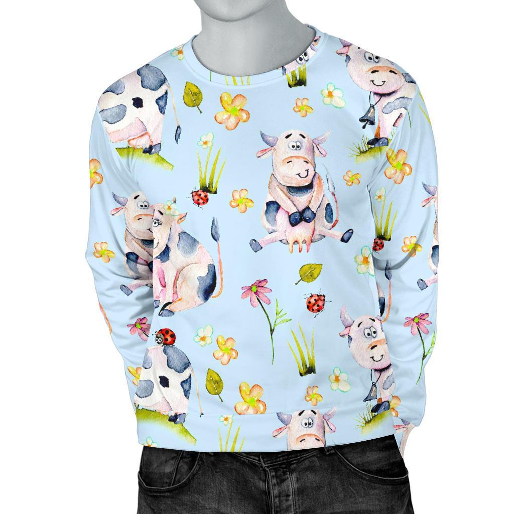 Watercolor Cartoon Cow Pattern Print Men's Crewneck Sweatshirt GearFrost