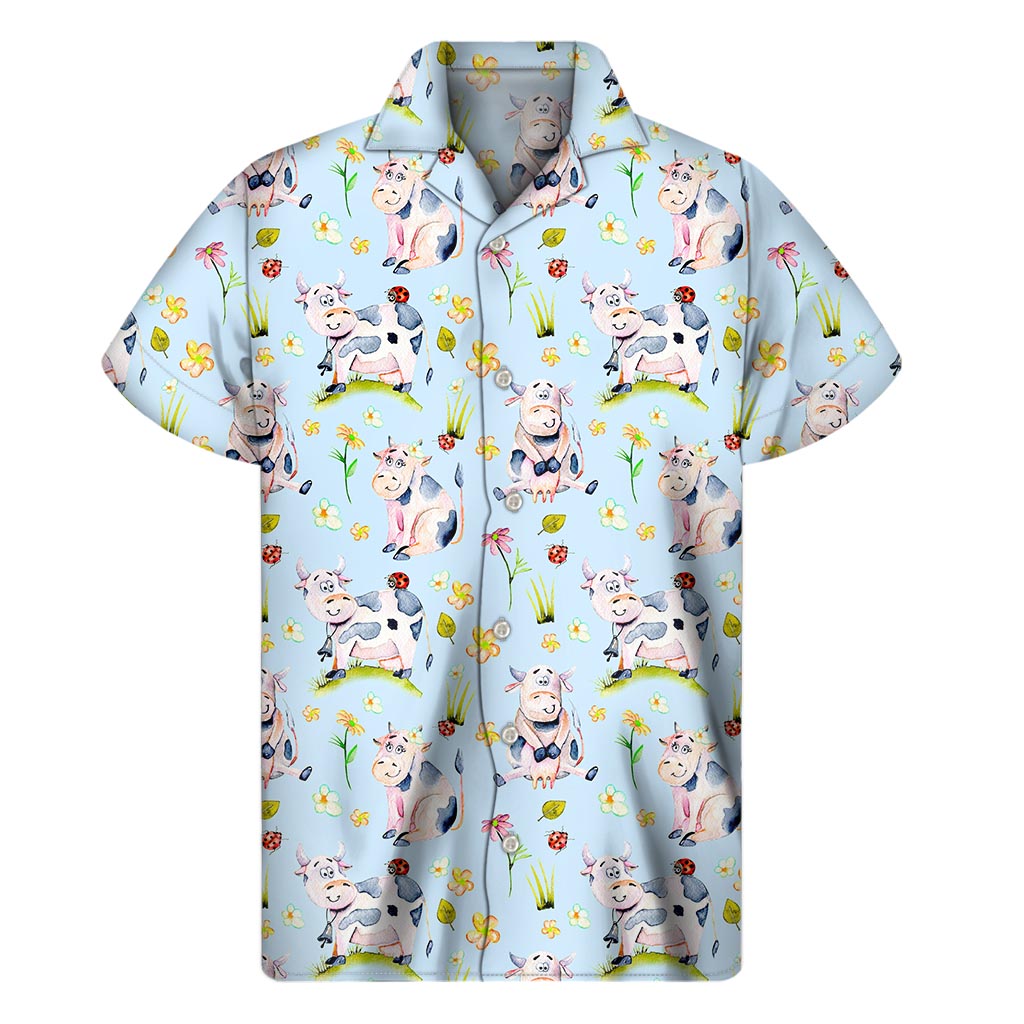 Watercolor Cartoon Cow Pattern Print Men's Short Sleeve Shirt