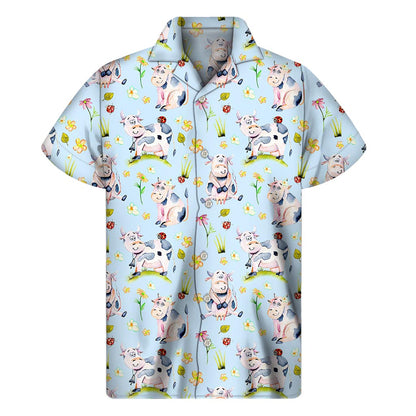 Watercolor Cartoon Cow Pattern Print Men's Short Sleeve Shirt