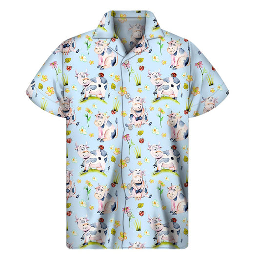 Watercolor Cartoon Cow Pattern Print Men's Short Sleeve Shirt
