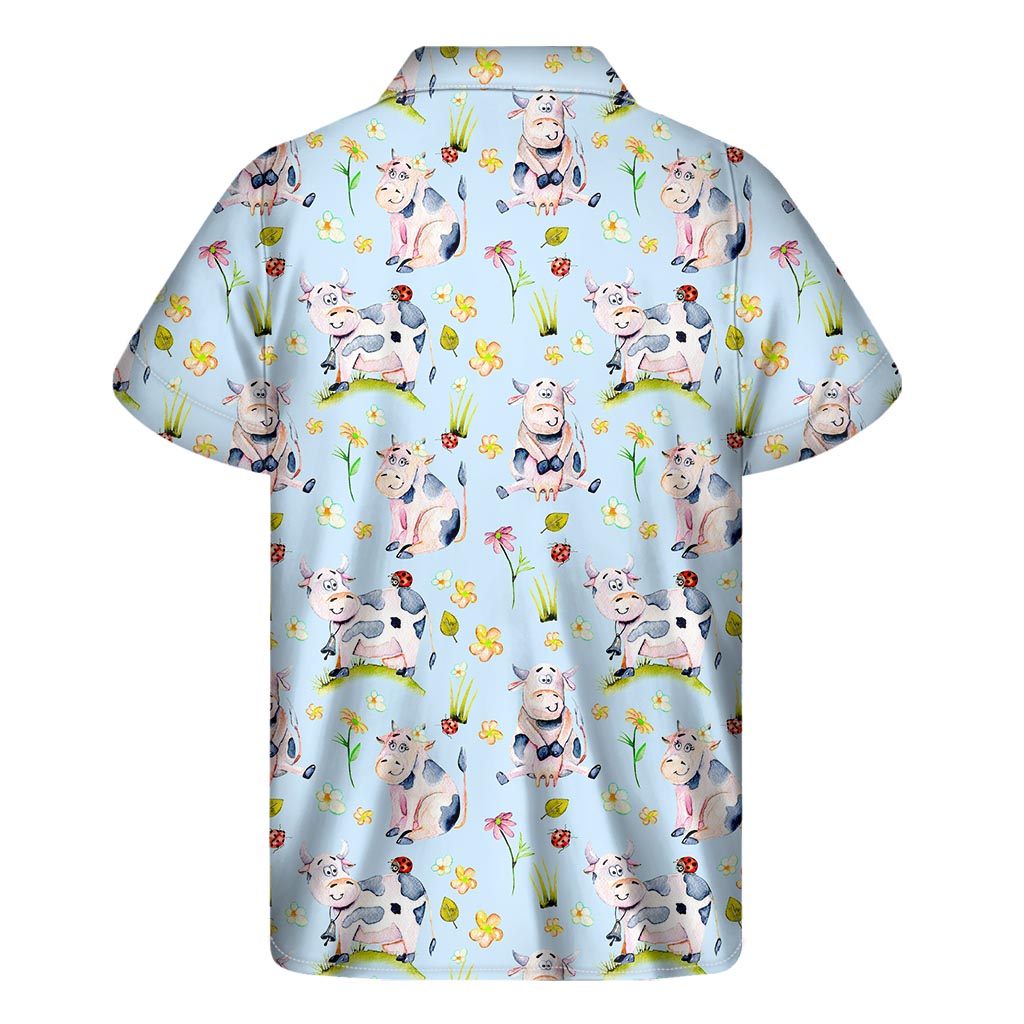 Watercolor Cartoon Cow Pattern Print Men's Short Sleeve Shirt