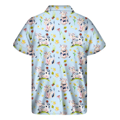 Watercolor Cartoon Cow Pattern Print Men's Short Sleeve Shirt