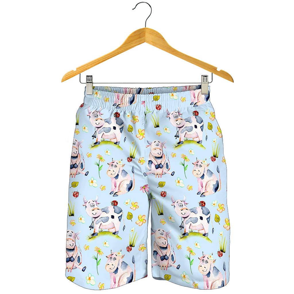 Watercolor Cartoon Cow Pattern Print Men's Shorts