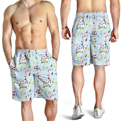 Watercolor Cartoon Cow Pattern Print Men's Shorts