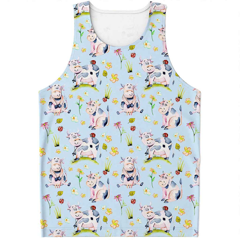 Watercolor Cartoon Cow Pattern Print Men's Tank Top