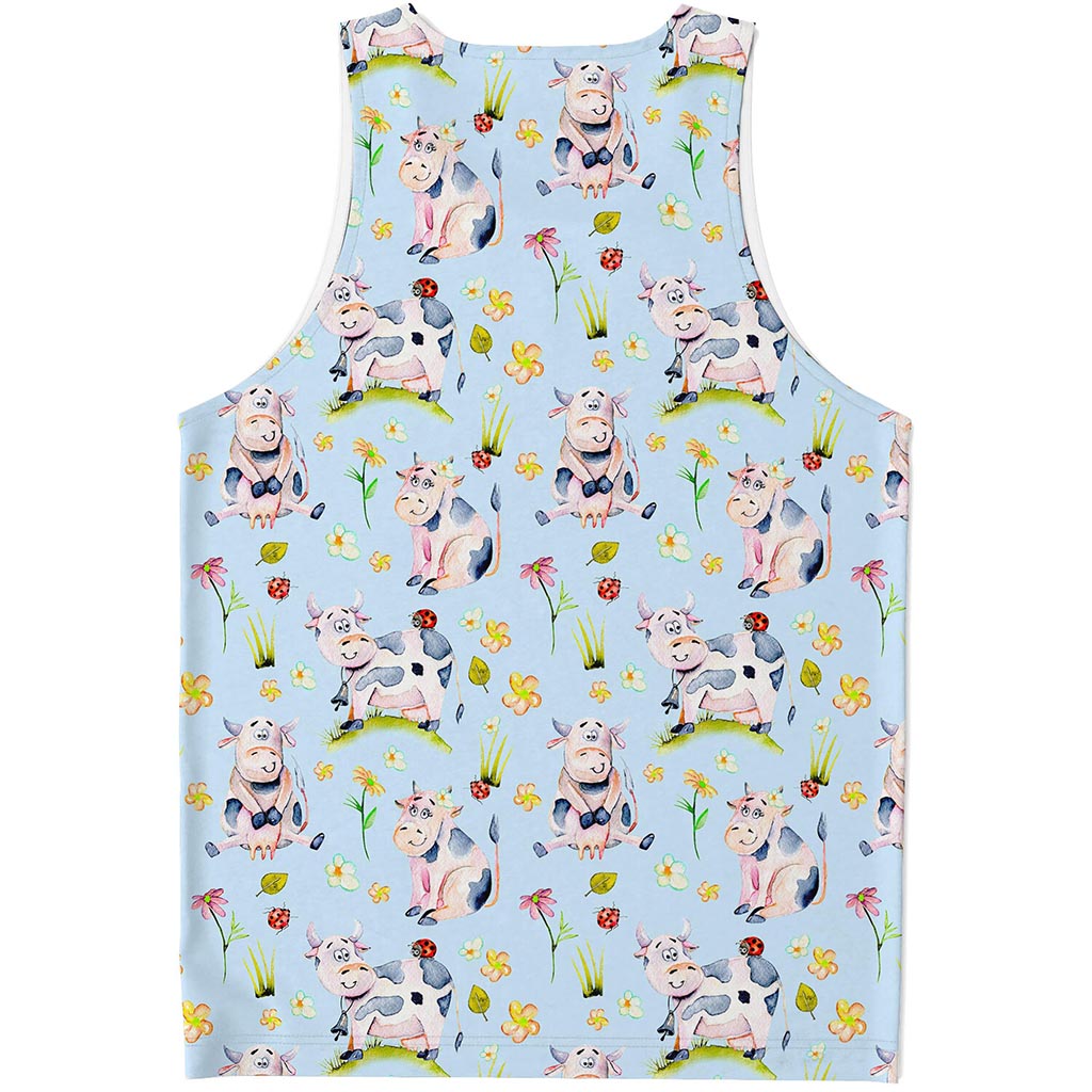 Watercolor Cartoon Cow Pattern Print Men's Tank Top