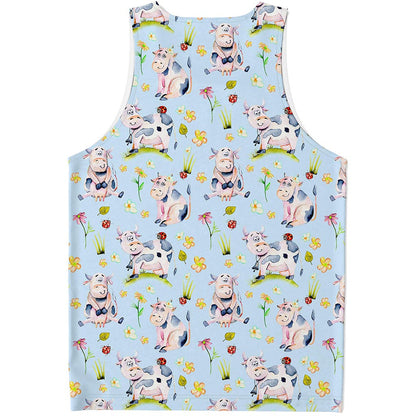 Watercolor Cartoon Cow Pattern Print Men's Tank Top