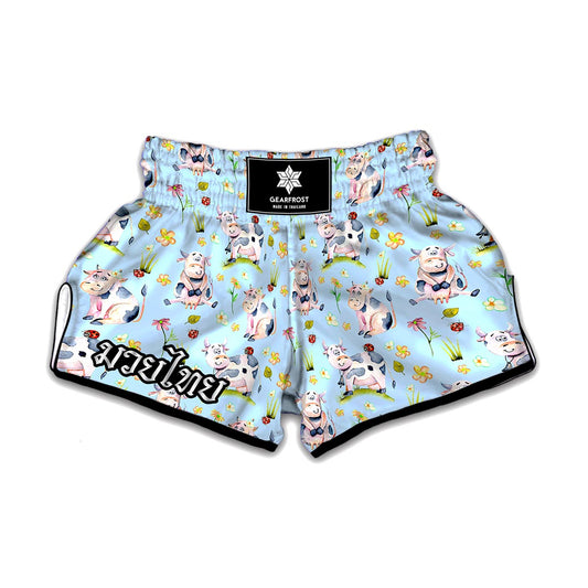 Watercolor Cartoon Cow Pattern Print Muay Thai Boxing Shorts