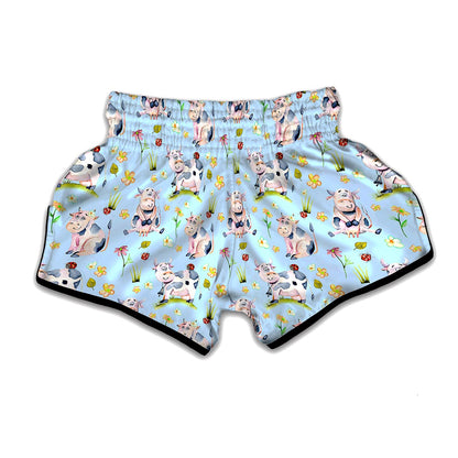 Watercolor Cartoon Cow Pattern Print Muay Thai Boxing Shorts