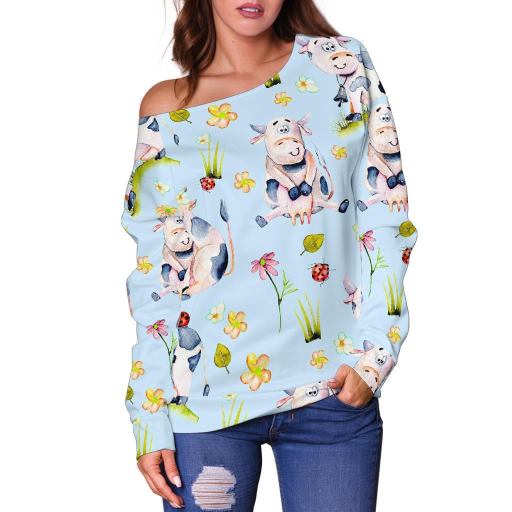 Watercolor Cartoon Cow Pattern Print Off Shoulder Sweatshirt GearFrost