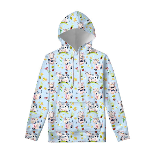 Watercolor Cartoon Cow Pattern Print Pullover Hoodie
