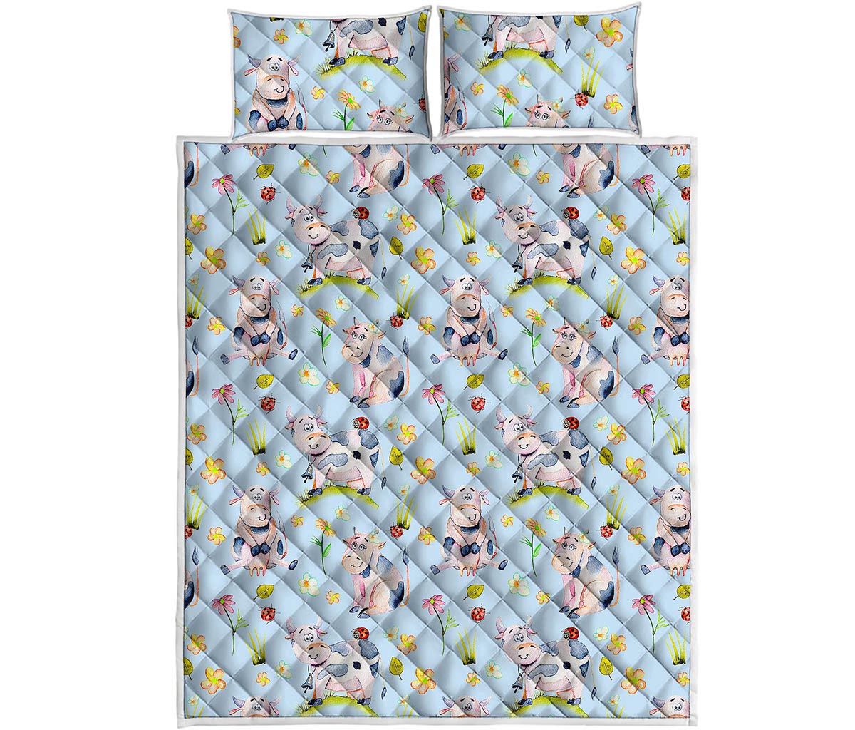 Watercolor Cartoon Cow Pattern Print Quilt Bed Set