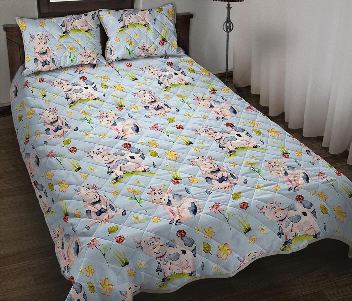 Watercolor Cartoon Cow Pattern Print Quilt Bed Set