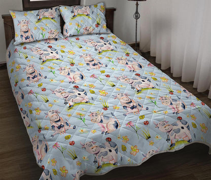 Watercolor Cartoon Cow Pattern Print Quilt Bed Set