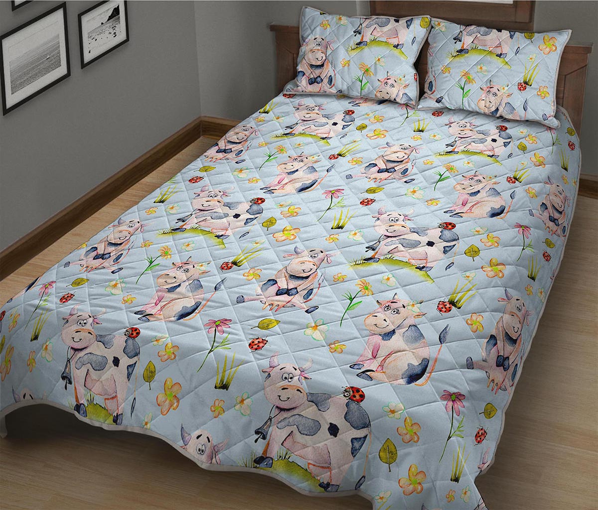 Watercolor Cartoon Cow Pattern Print Quilt Bed Set