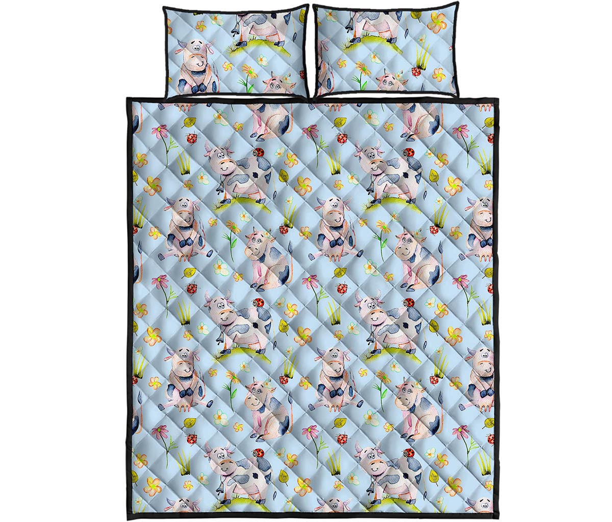 Watercolor Cartoon Cow Pattern Print Quilt Bed Set