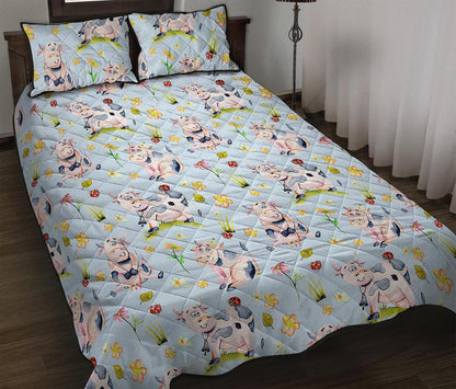 Watercolor Cartoon Cow Pattern Print Quilt Bed Set