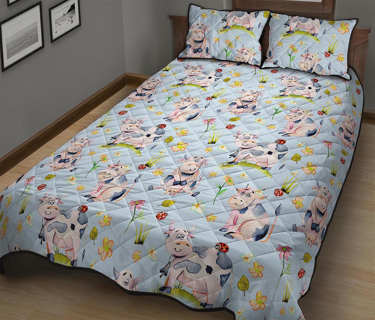 Watercolor Cartoon Cow Pattern Print Quilt Bed Set