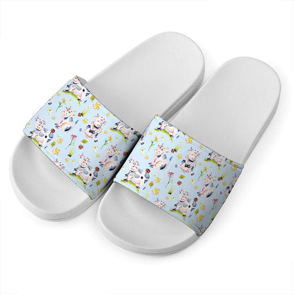 Watercolor Cartoon Cow Pattern Print White Slide Sandals