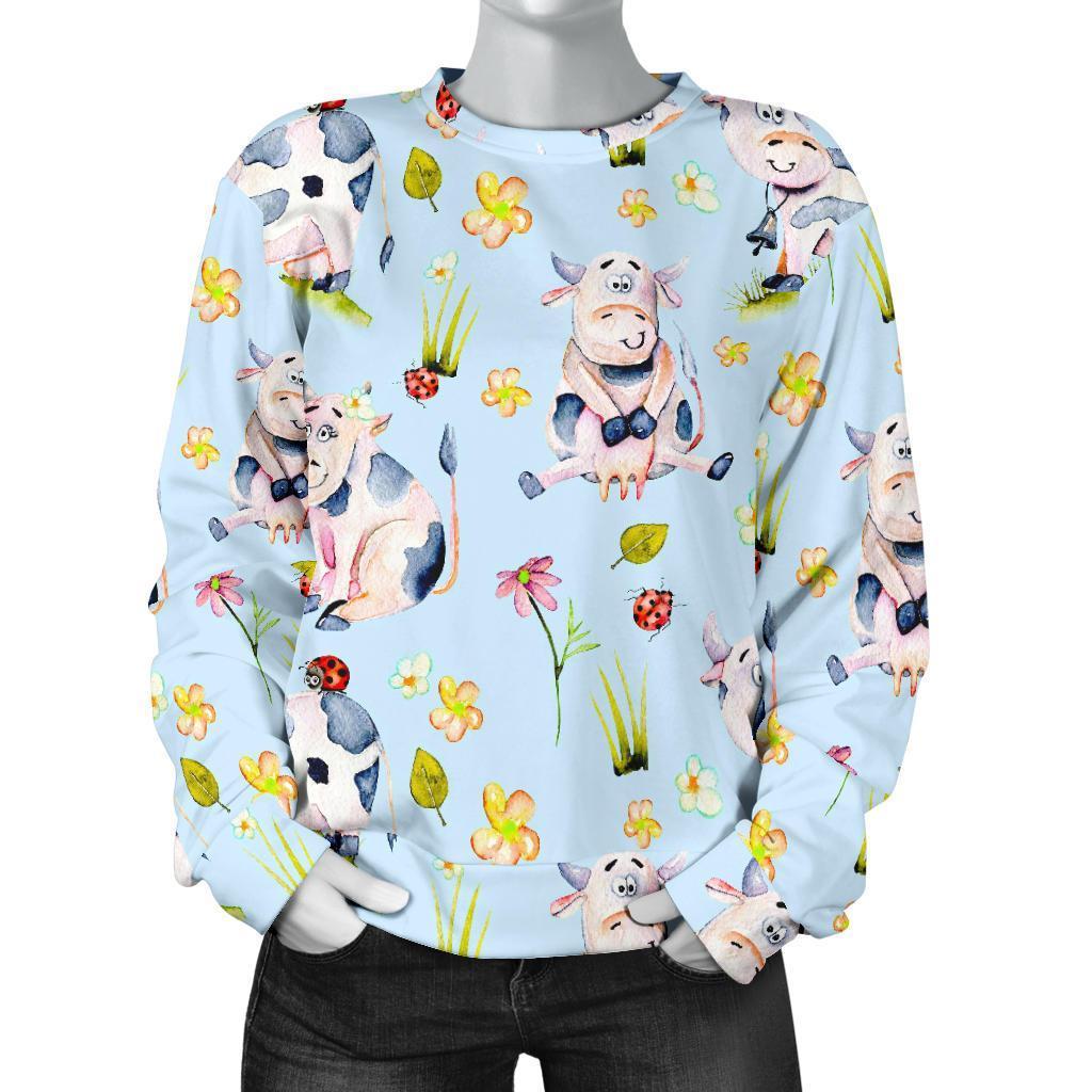 Watercolor Cartoon Cow Pattern Print Women's Crewneck Sweatshirt GearFrost
