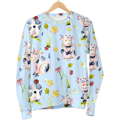 Watercolor Cartoon Cow Pattern Print Women's Crewneck Sweatshirt GearFrost
