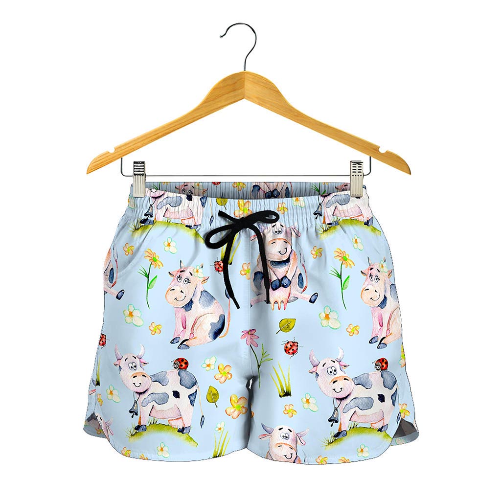 Watercolor Cartoon Cow Pattern Print Women's Shorts