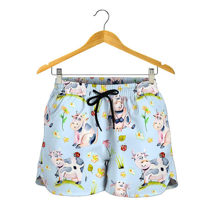 Watercolor Cartoon Cow Pattern Print Women's Shorts