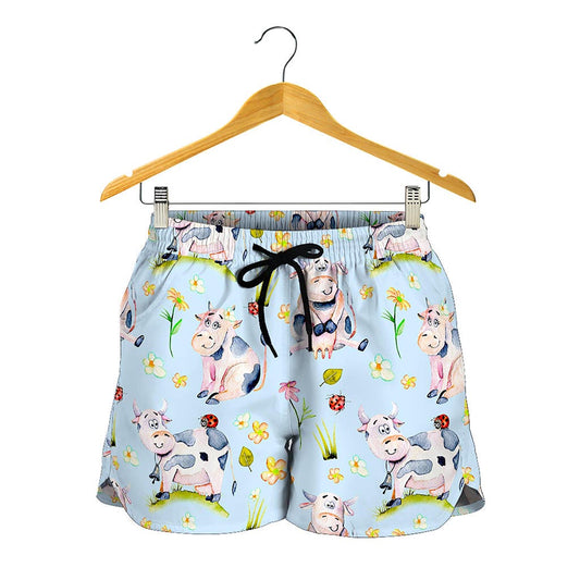 Watercolor Cartoon Cow Pattern Print Women's Shorts