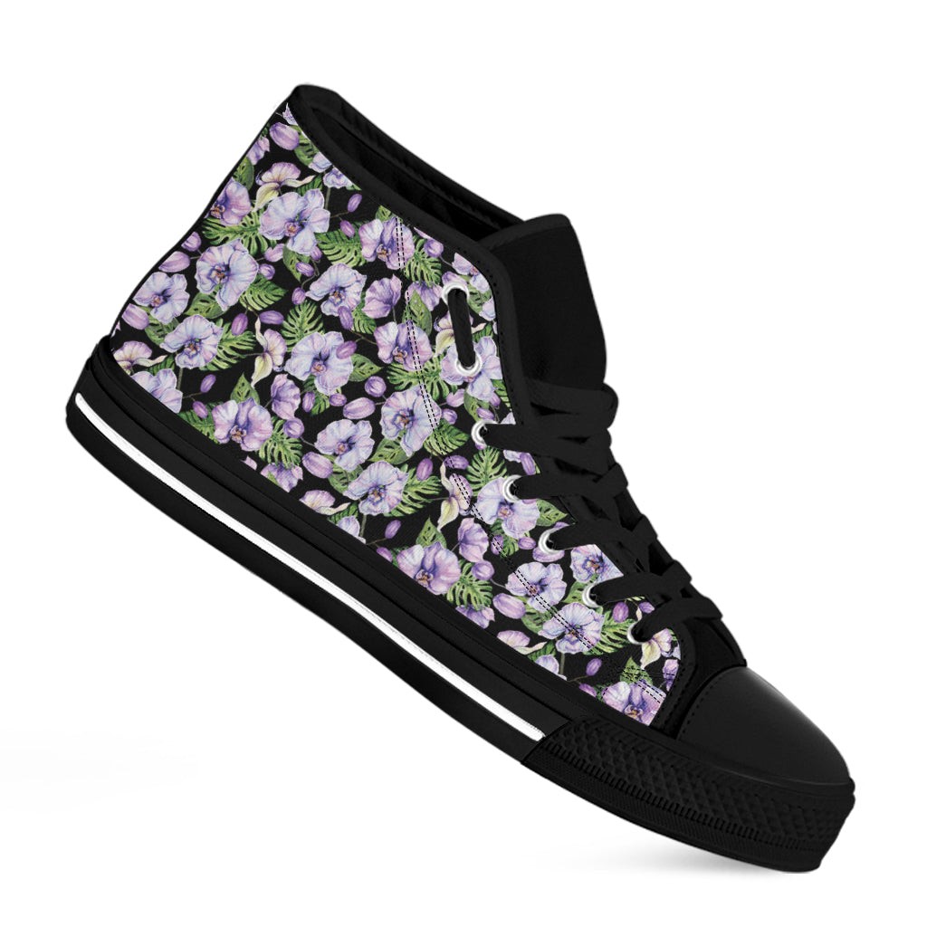 Watercolor Cattleya Pattern Print Black High Top Shoes