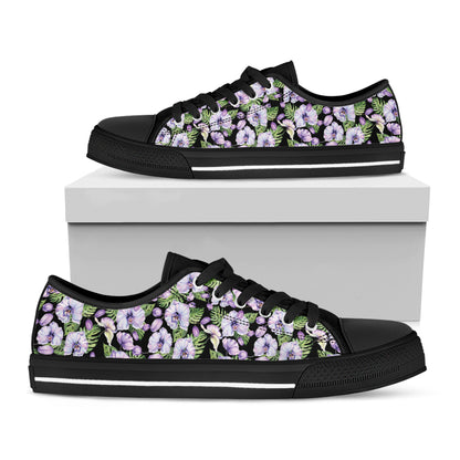 Watercolor Cattleya Pattern Print Black Low Top Shoes