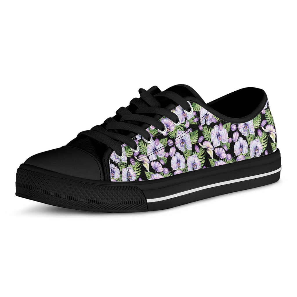 Watercolor Cattleya Pattern Print Black Low Top Shoes