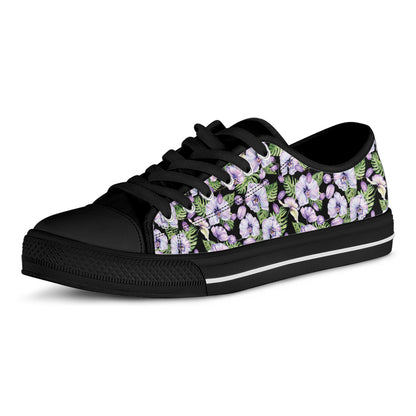 Watercolor Cattleya Pattern Print Black Low Top Shoes