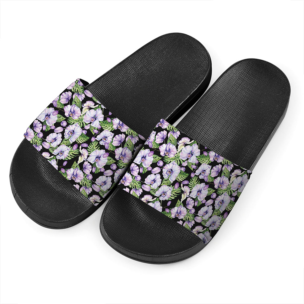 Watercolor Cattleya Pattern Print Black Slide Sandals