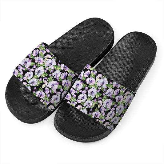 Watercolor Cattleya Pattern Print Black Slide Sandals